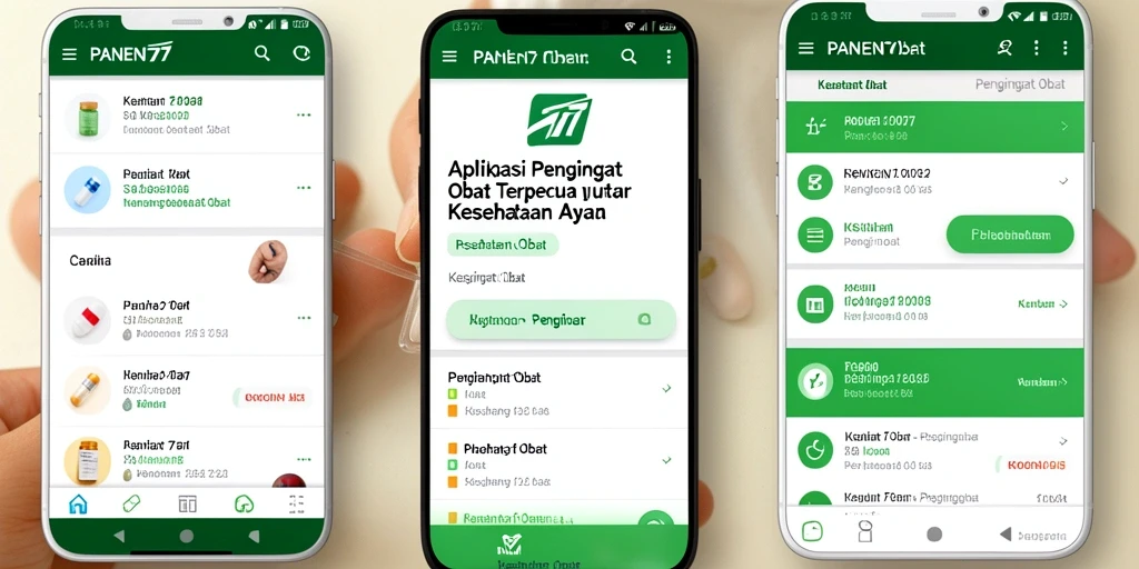 Tampilan antarmuka aplikasi <strong>PANEN77</strong> dengan fitur pengingat obat yang jelas.